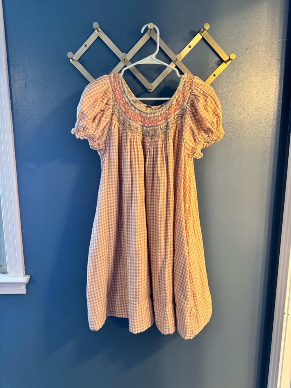 Free People Peach Gingham Smocked Mini Dress